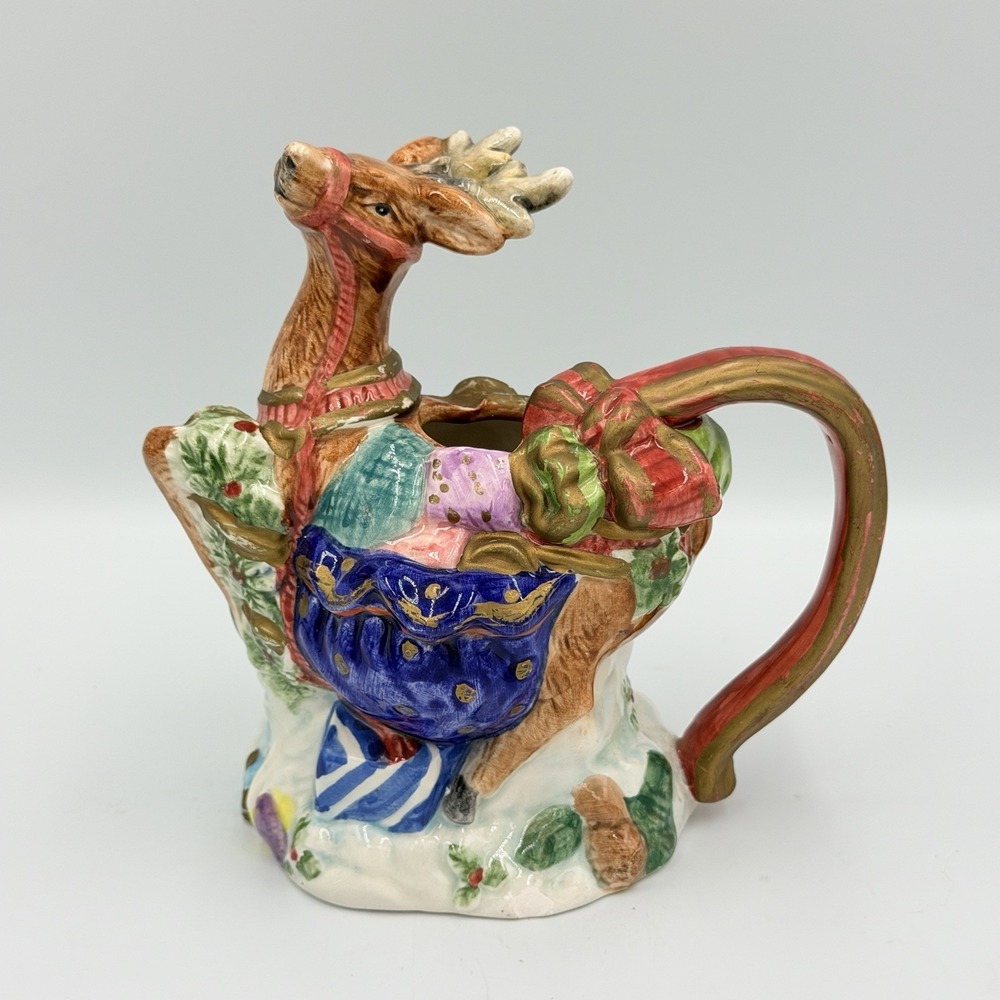 VTG Christmas Reindeer Ceramic Pitcher Vase Candy Cane Gifts Holiday Decor 6"